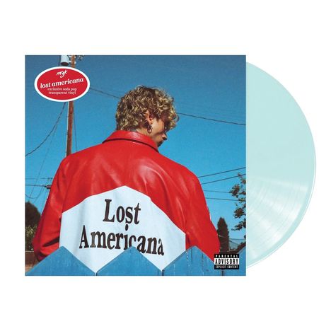 Roter Sticker: "Lost Americana", Text "Lost Americana" auf Jacke. Person mit Locken vor Himmel, transparente Vinyl-Schallplatte.