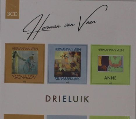 „Herman van Veen“, drei CD-Cover: „Signalen“, „De Wisselaars“, „Anne“. Überschrift: „DRIELUIK“.