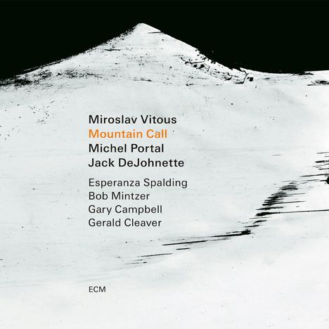 "Miroslav Vitous, Mountain Call, Michel Portal, Jack DeJohnette. Schwarz-weiße Bergszene mit Text."