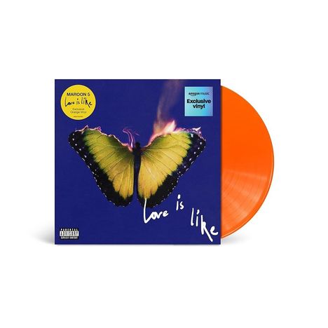 „Love is like“, Maroon 5, exklusive orange Vinyl. Gelber Schmetterling auf blauem Hintergrund mit Flammen.