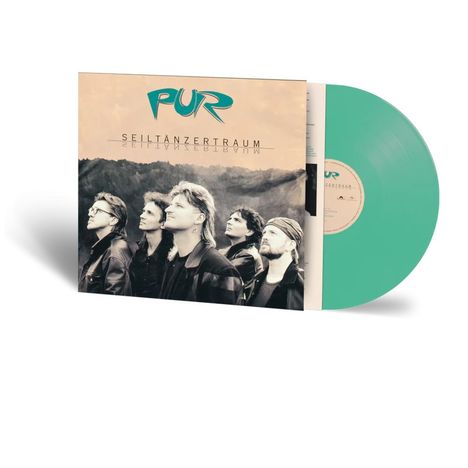 Logo "PUR", Text "Seiltänzertraum". Schallplatte in Mintgrün. Schwarz-weißes Foto von fünf Personen.