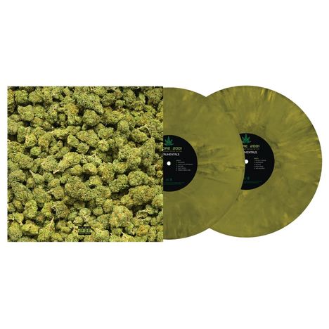 Schwarzer Text auf grüner Platte: "2001 Instrumentals". Zwei marmorierte, grüne Vinyl-Schallplatten; Cover zeigt Cannabis.