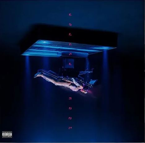 Der Text "ESCAPE FROM" ist vertikal angeordnet. Eine Person hängt kopfüber an einem leuchtenden Rahmen in einem dunklen Raum.