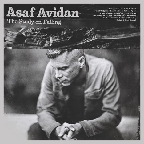 "Asaf Avidan, The Study on Falling, Songtitel rechts. Oberes Bild: Holzstruktur, unteres Bild: Nachdenklicher Mann in Schwarz-Weiß."