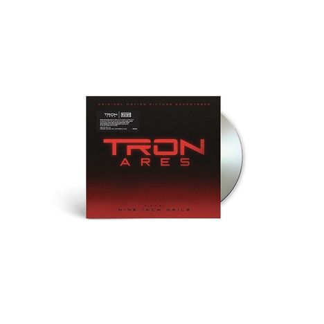 "TRON ARES" steht groß in Rot auf schwarzem Hintergrund, darunter "Music by NINE INCH NAILS". Ein CD-Teil ist sichtbar.