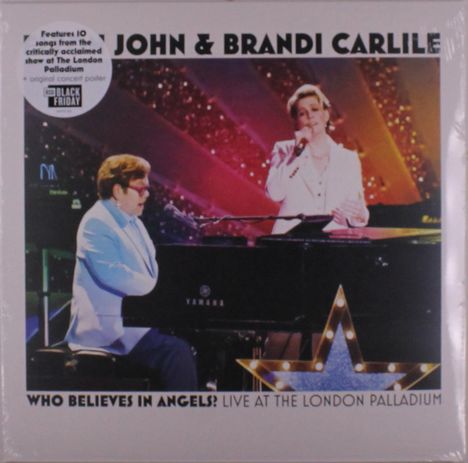 Albumcover: "JOHN & BRANDI CARLILE - WHO BELIEVES IN ANGELS? LIVE AT THE LONDON PALLADIUM". Zwei Künstler auf der Bühne.
