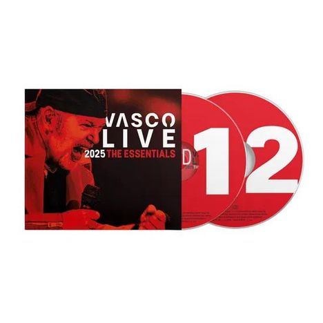 „VASCO LIVE 2025 THE ESSENTIALS“, zwei rote CDs mit Nummern 1 und 2, rotes Cover mit Sänger und Mikrofon.