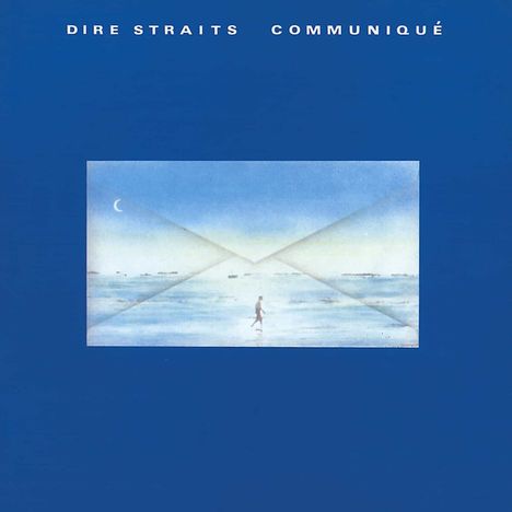 "DIRE STRAITS COMMUNIQUÉ" oben, Illustration: Mann über Wasser vor großem Briefumschlag, Halbmond am Himmel.