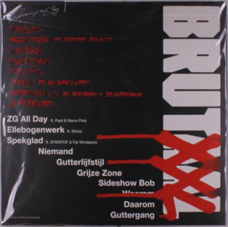 Text: "ZG All Day", "Elleboogewerk", "Spekglad", "Niemand", usw. Großes "BRUT" in hellem Stil mit roten Elementen.