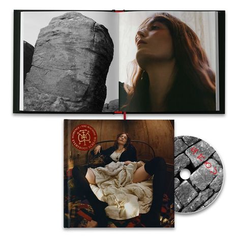 Text: "FLORENCE + THE MACHINE, EVERYBODY’S CRYING." 
Ein Buch zeigt einen Felsen und ein nachdenkliches Gesicht. CD nahe einer sitzenden Person. 