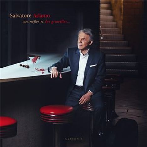 "Salvatore Adamo des nèfles et des groseilles..." Ein Mann in Anzug sitzt an einer Bar, rote Hocker umgeben ihn.