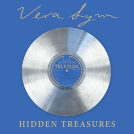 Text: "Vera Lynn" und "Hidden Treasures", Schallplatte auf blauem Hintergrund.