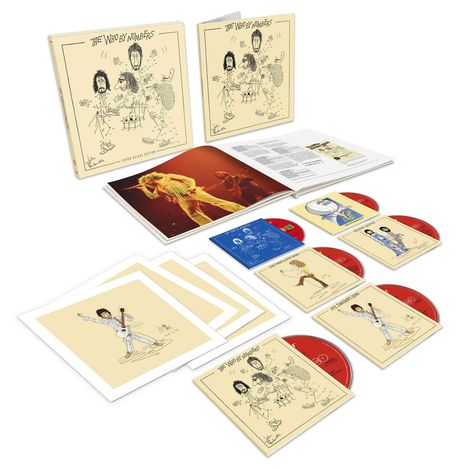 "The Who by Numbers" Deluxe Ausgabe, enthält CDs mit illustrierten Covern und ein offenes Buch mit Konzertfoto.