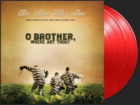 Cover von „O Brother, Where Art Thou?“. Drei Männer in Gefängnisstreifen rennen durch ein Feld. Rote Vinyl-Schallplatte.
