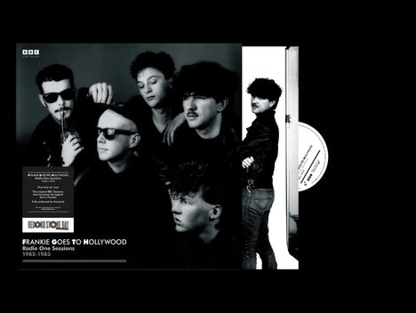 "Frankie Goes to Hollywood Radio One Sessions 1982-1983" steht auf einem Bild von fünf Männern in Schwarz-Weiß.