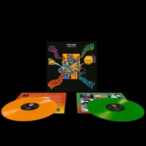 "The Who" Album "A Quick One". Zwei bunte Schallplatten, orange und grün, liegen vor einem Albumcover mit buntem Design.