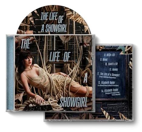 "The Life of a Showgirl" - CD-Cover mit Frau, in Seilen liegend, und Titelliste auf Rückseite.