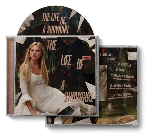 "The Life of a Showgirl", CD-Cover, Abbildung einer Frau in einem weißen Kleid, Umgebung in natürlichen Farben.