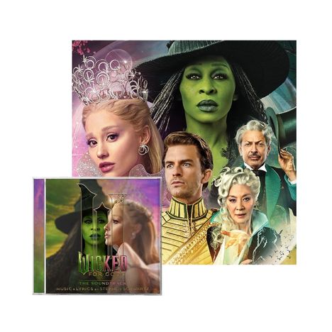 Text: "Wicked for Good", "The Soundtrack", "Music & Lyrics by Stephen Schwartz". 
Illustration mit Hexen und märchenhaft gekleideten Personen.