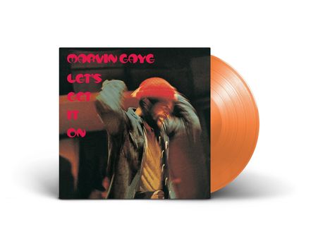 „Marvin Gaye Let's Get It On“ in roter Schrift auf einem Albumcover. Eine orangefarbene Schallplatte ist sichtbar.