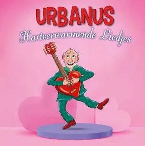"URBANUS Hartverwarmende Liedjes." Illustration: Ein lächelnder Mann spielt eine Herzgitarre auf einer Bühne.