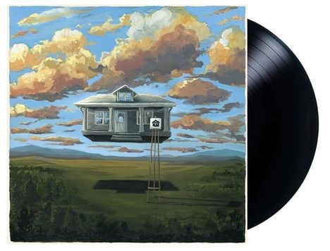 Ein schwebendes Haus auf dünnen Stelzen, umgeben von Wolken und Wiesen, mit einer Schallplatte daneben.