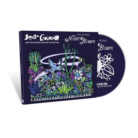 CD-Cover, stilisierte Pflanzen und Vogel in intensiven Farben. Text: "Jeff Goldblum and The Mildred Snitzer Orchestra, Night Blooms".