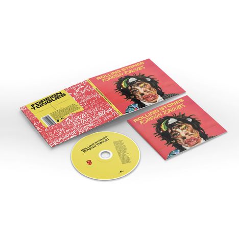 Rollende Steine "Foreign Tongues" auf CD-Hüllen und -Disk. Illustration eines farbig geschminkten Gesichts auf rotem Hintergrund.