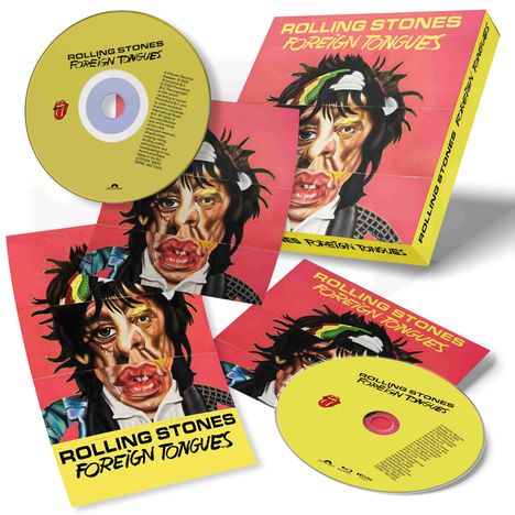 "ROLLING STONES FOREIGN TONGUES" auf buntem Cover, Gesicht einer Person in grobem, expressionistischem Stil.