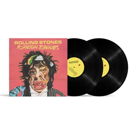 "ROLLING STONES" und "FOREIGN TONGUES" stehen über einem bunten Porträt. Zwei Vinyl-Schallplatten sind daneben.