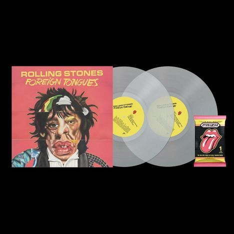 "ROLLING STONES FOREIGN TONGUES" und "The Rolling Stones Trading Cards" erscheinen über einer Illustration eines Gesichts.