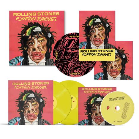 "ROLLING STONES FOREIGN TONGUES" in gelber Schrift. Cover zeigt verzerrtes Porträt von Mann mit Stirnband.