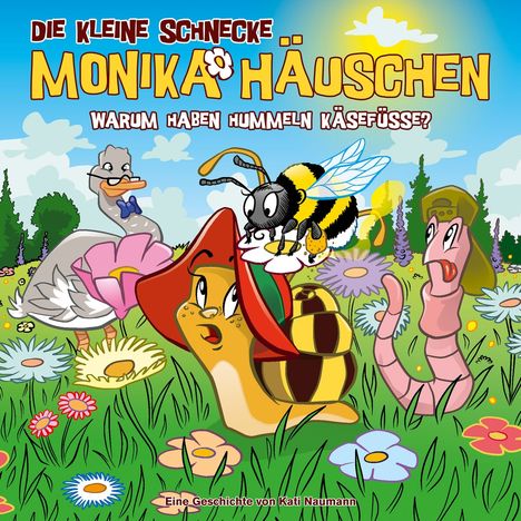 "Die kleine Schnecke Monika Häuschen. Warum haben Hummeln Käsefüße? Eine Geschichte von Kati Naumann." Illustrative Szene mit Tieren auf einer Blumenwiese.