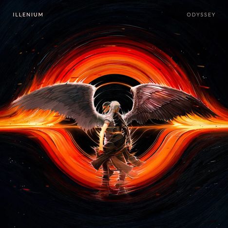 Text: "ILLENIUM ODYSSEY". Eine Illustration zeigt eine geflügelte Figur vor einem leuchtenden, rot-orangefarbenen Wirbel.