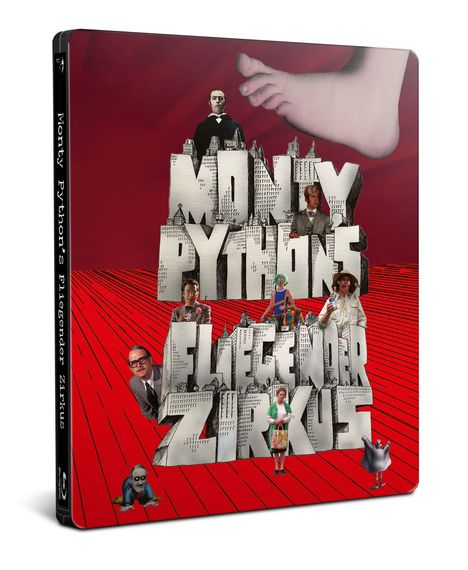 Text: "Monty Pythons Fliegender Zirkus." Illustration: Surreal, mit Personen und einem großen Fuß auf rotem Hintergrund.