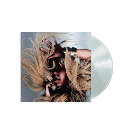 Kein Text vorhanden. Ein Albumcover zeigt eine Person mit langem blonden Haar, eine Hand am Gesicht. Die Schallplatte ist transparent.