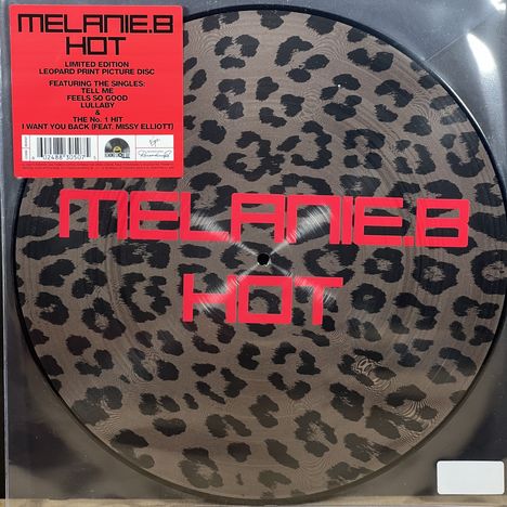 Roter Text: Melanie B Hot. Schallplatte mit Leopardenmuster, limitierte Edition, enthält Singles wie "Tell Me" und "I Want You Back".