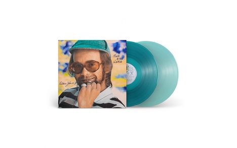 Text: "Elton John, Rock of the Westies." Foto eines Mannes mit Brille und Hut. Zwei blaue Schallplatten im Hintergrund.