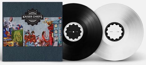 "Ohn Your Jago," "Kaiser Chiefs," zwei Schallplatten, Illustration bunter Fantasieszenen, eine graue, eine weiße Vinyl.