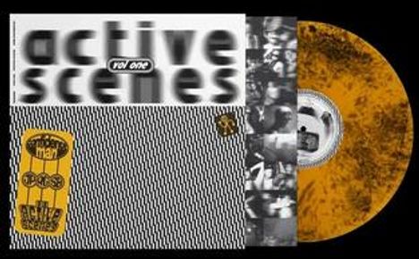 "active scenes, vol one" steht groß oben. Rechts ein Vinyl mit Schwarz-Orange-Muster.