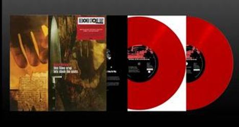 Links oben: "Ton Steine Scherben". Mittig: Zwei rote Schallplatten. Cover mit einem Messer und einem verwitterten Text.