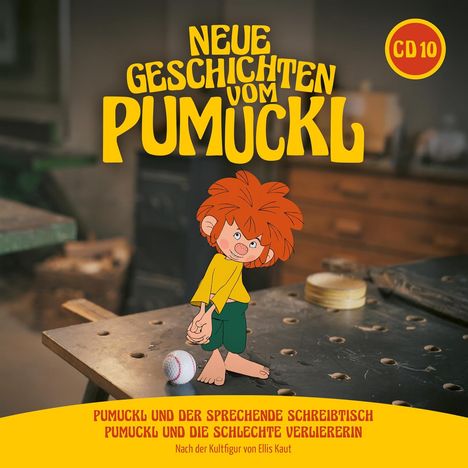"Neue Geschichten vom Pumuckl", "CD 10", "Pumuckl und der sprechende Schreibtisch", "Pumuckl und die schlechte Verliererin". Illustrationen eines rothaarigen Kobolds.