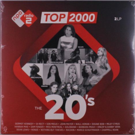 NPO Radio 2 TOP 2000, The 20's. Bilder von Musikern, rote und schwarze Farben, quadratisches Layout.