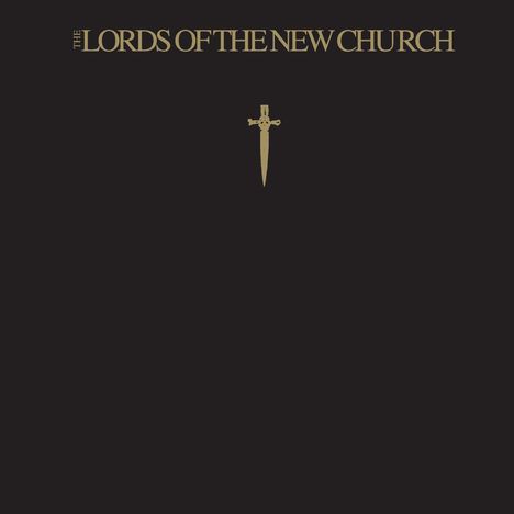 Text: "The Lords of the New Church". Darunter ein goldenes Kreuz als Dolch, auf schwarzem Hintergrund.