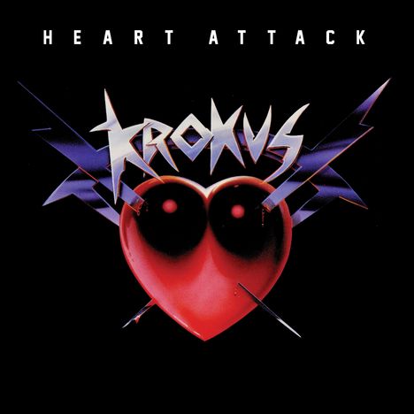 Text: "HEART ATTACK", "KROKUS". Illustration: Ein metallisches Herz mit Blitzen und einem dunklen Hintergrund.