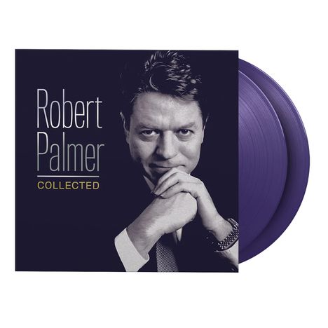 „Robert Palmer: Collected“ steht oben. Schwarz-weißes Porträt eines Mannes mit verschränkten Händen, lilafarbene Schallplatte.