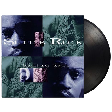 "Slick Rick" und "behind bars" auf einem Albumcover, das einen Mann mit Augenklappe und Ketten in geteilten Farben zeigt.