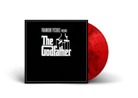 "The Godfather" oben, stilisierte Hand mit Marionettenschnüren; schwarzes Cover, rote Vinyl-Schallplatte.