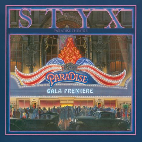 „STYX“, „PARADISE THEATRE“, „PARADISE“, „GALA PREMIERE“. Eine bunte Theaterfassade mit Menschen und alten Autos.