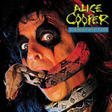 Text: "ALICE COOPER CONSTRICTOR". Gesicht mit dramatischem Make-up und Schlange, die sich um den Hals windet.